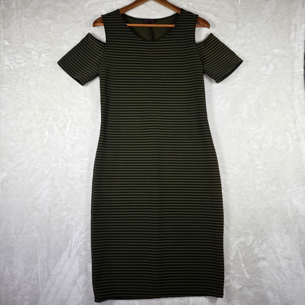 Double Click Women's Cold Shoulder Bodycon Midi Dress Size 6 Green Black